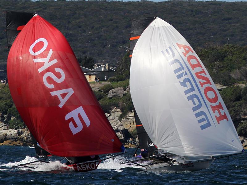 Asko Appliances and Honda Marine side-by-side down the first spinnaker run from the Beashel Buoy on the final day of the 18ft Skiff JJ Giltinan Championship photo copyright Frank Quealey taken at Australian 18 Footers League and featuring the 18ft Skiff class