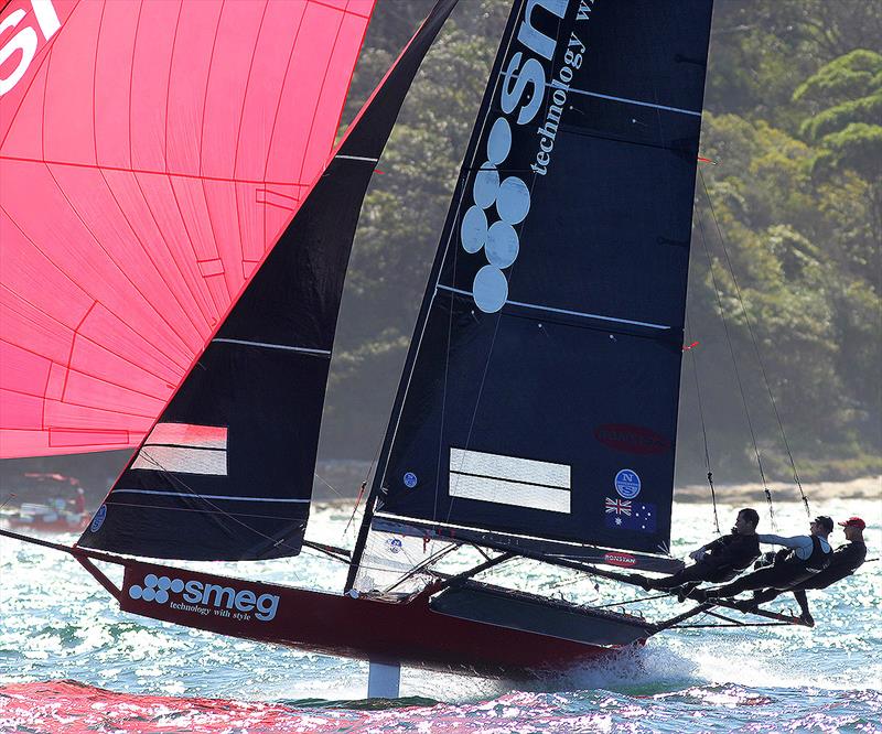Australian champion Smeg was fifth today and fifth overall in the 18ft Skiff JJ Giltinan Championship photo copyright Frank Quealey taken at Australian 18 Footers League and featuring the 18ft Skiff class
