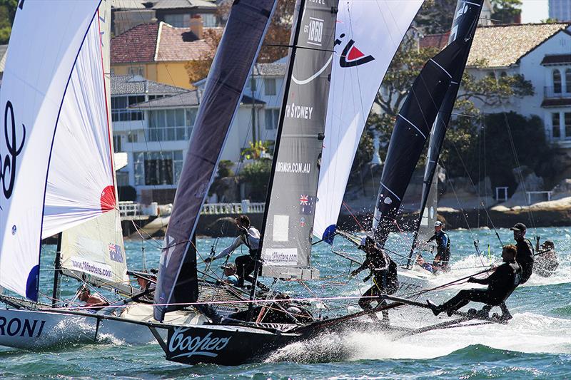Action as the fleet prepare for the spinnaker drop at the bottom mark during the 18ft Skiff Queen of the Harbour photo copyright Frank Quealey taken at Australian 18 Footers League and featuring the 18ft Skiff class