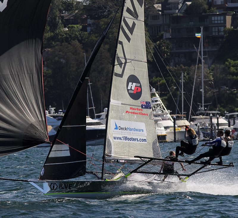 Ilve on the way to finish fourth as 'queen' Claire Kowaltzke grips the wing netting during the 18ft Skiff Queen of the Harbour photo copyright Frank Quealey taken at Australian 18 Footers League and featuring the 18ft Skiff class