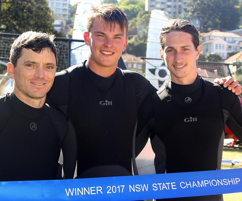 Tom Quigley (right) with Scott Babbage and Sam Ellis, after winning the NSW Championship on The Kitchen Maker photo copyright Frank Quealey taken at Australian 18 Footers League and featuring the 18ft Skiff class