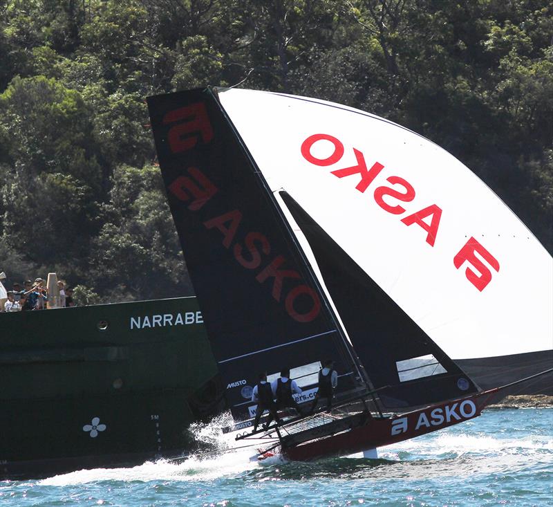 Asko Appliances rides the wash from a passing Manly Ferry during 18ft Skiff NSW Championship race 1 photo copyright Frank Quealey taken at Australian 18 Footers League and featuring the 18ft Skiff class