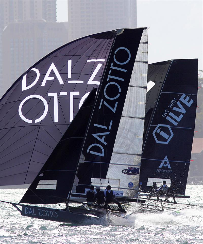 Dal Zotto and Ilve battling hard midway through 18ft Skiff NSW Championship race 3 photo copyright Frank Quealey taken at Australian 18 Footers League and featuring the 18ft Skiff class