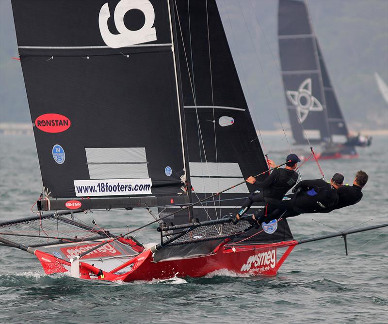 Smeg's crew show their windward form on the first leg of the course in race 4 of the 18ft Skiff Spring Championship on Sydney Harbour - photo © Frank Quealey