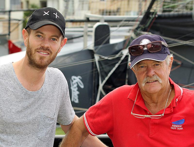 John Winning and John Winning Jr., in the rigging area at Double Bay photo copyright Frank Quealey taken at Australian 18 Footers League and featuring the 18ft Skiff class