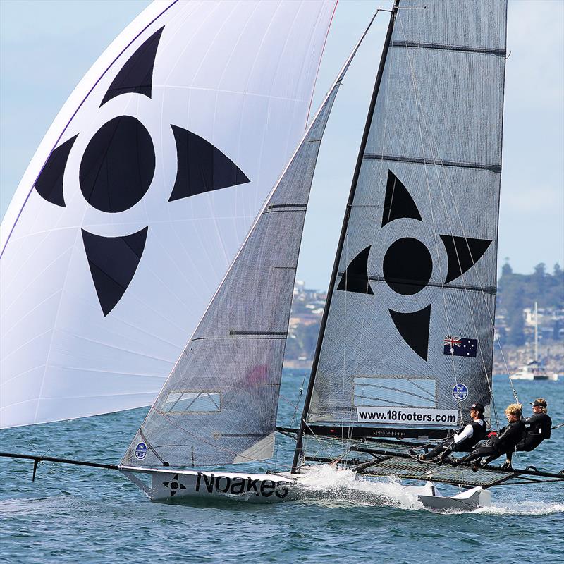 Noakes Youth team leads the fleet in a light Easterly breeze earlier in the season photo copyright Frank Quealey taken at Australian 18 Footers League and featuring the 18ft Skiff class