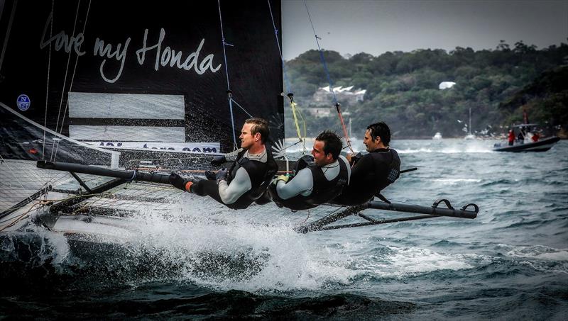 `Having three guys who are keen, and all are mates is important` David McDiarmid - Honda Marine - 18ft skiffs, Sydney photo copyright Michael Chittenden taken at Australian 18 Footers League and featuring the 18ft Skiff class