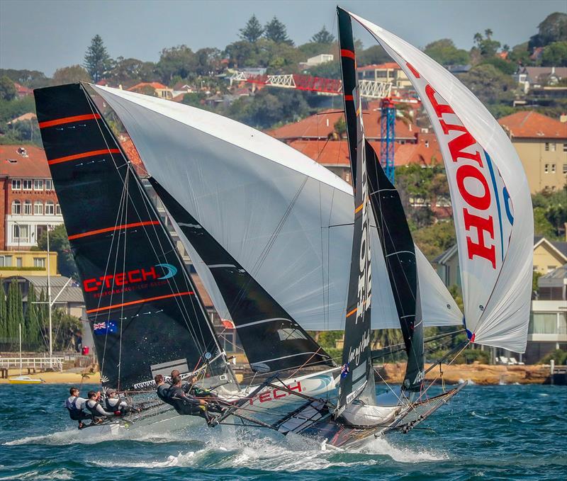  C-Tech leads Honda Marine in the heavy air Race 3 2019 JJ Giltinan Championship - March 2019 photo copyright Michael Chittenden taken at Australian 18 Footers League and featuring the 18ft Skiff class