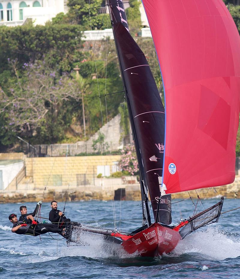 Defending champion Shaw and Partners Financial Services team are hot on the tail of the Winning Group - NSW Championship 2019 photo copyright Frank Quealey taken at Australian 18 Footers League and featuring the 18ft Skiff class