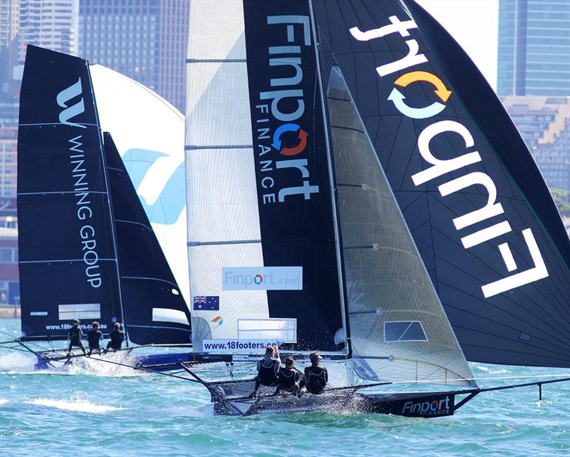 Only a few secs separated Winning Group and Finport Finance on a spinnaker run in an earlier NSW Championship race photo copyright Frank Quealey taken at Australian 18 Footers League and featuring the 18ft Skiff class