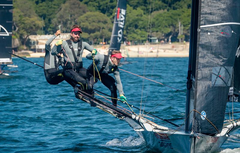 Dave McDiarmid, Matt Steven and Brad Collins - Honda Marine - JJ Giltinan 18ft Championships - March 2020 - Sydney Harbour photo copyright Michael Chittenden taken at Australian 18 Footers League and featuring the 18ft Skiff class