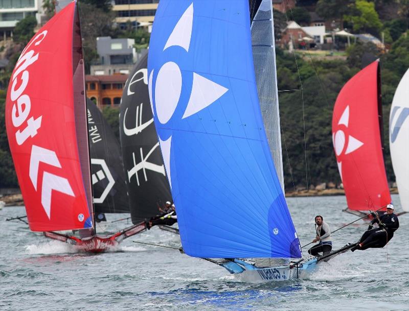 Large group chase the leaders to the wing mark - 18ft Skiff Spring Championship Race 2 - photo © Frank Quealey