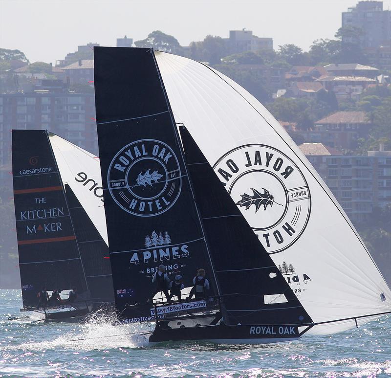 The Oak Double Bay-4 Pines and The Kitchen Maker-Caesarstone racing mid fleet during race 15 of the 18ft Skiff Club Championship photo copyright Frank Quealey taken at Australian 18 Footers League and featuring the 18ft Skiff class