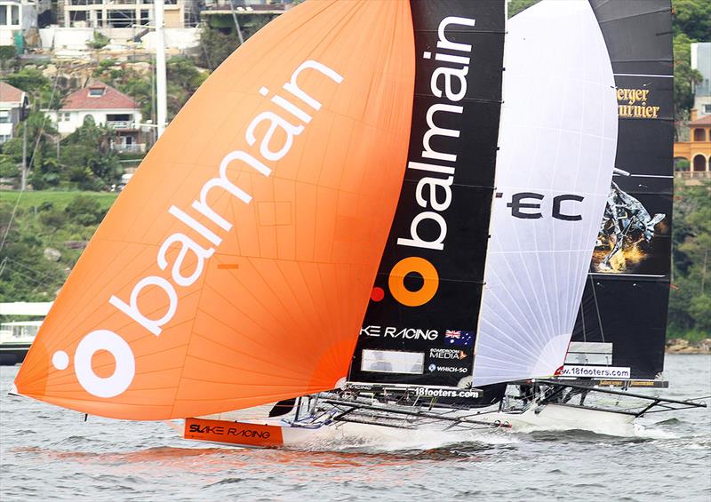 Super Sprints - Balmain Slake and Black Knight were in battle for second place in Race 2 photo copyright Frank Quealey taken at Australian 18 Footers League and featuring the 18ft Skiff class