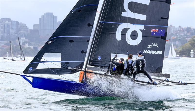 18ft Skiff Australian Championship Race 1: Andoo accelerates away from the weather mark in Rose Bay - photo © SailMedia