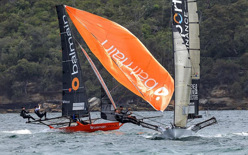 Finport Finance approaches the rounding mark as the Balmain team prepare to drop the spinnaker - 18ft Skiff Australian Championship photo copyright SailMedia taken at Australian 18 Footers League and featuring the 18ft Skiff class