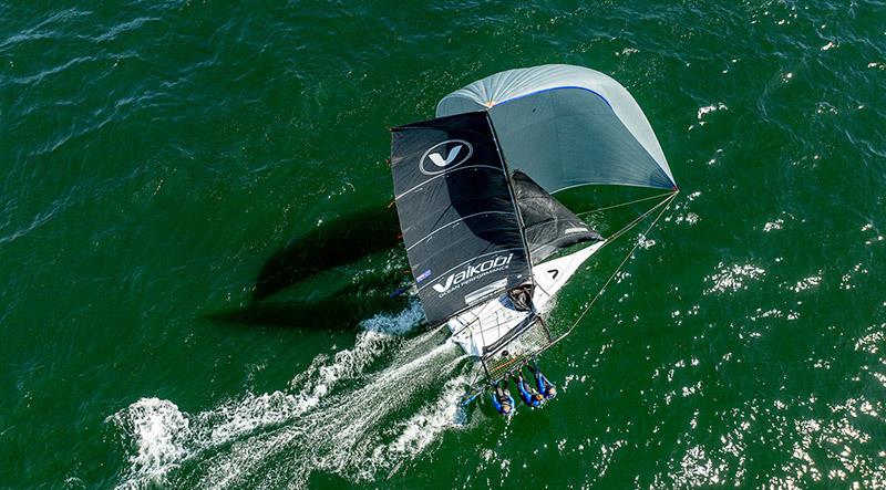 Vaikobi at pace down the first spinnaker run - 18ft Skiff Australian Championship Race 2 photo copyright SailMedia taken at Australian 18 Footers League and featuring the 18ft Skiff class