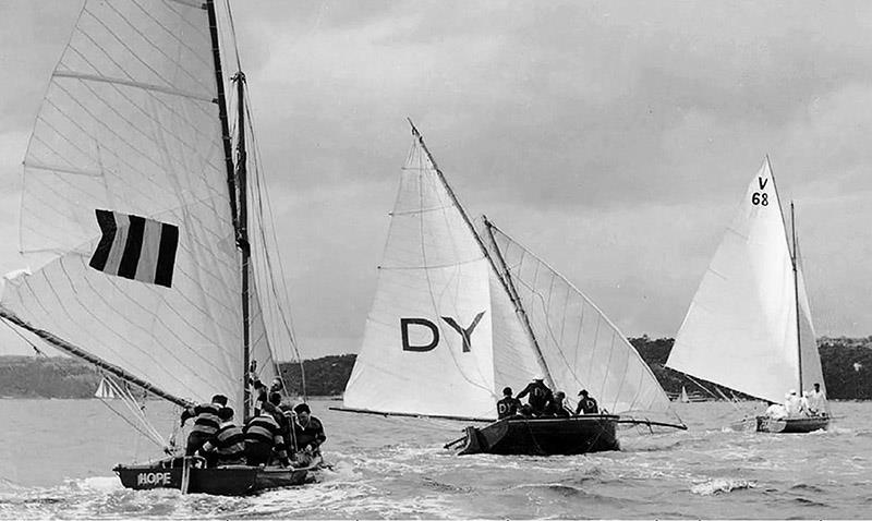 NZ boat Riptide leads Dee Why abd Hope at the 1938 worlds photo copyright John Stanley Collection taken at Australian 18 Footers League and featuring the 18ft Skiff class