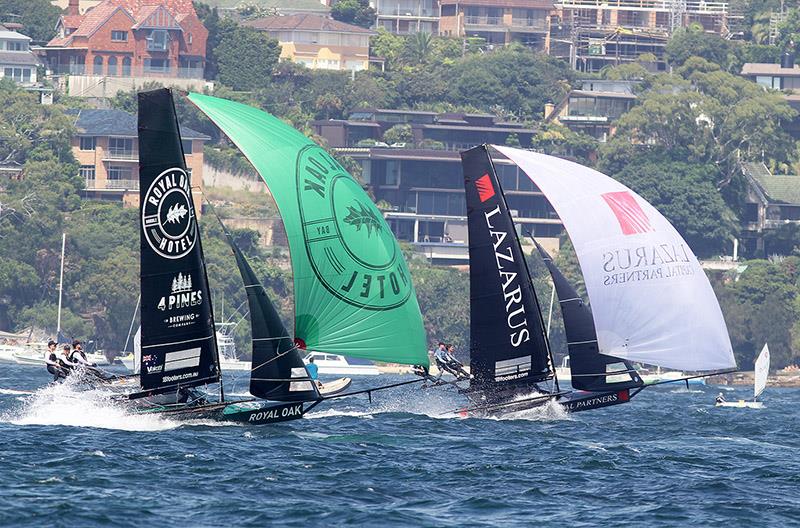Lazarus leads The Oak Double Bay-4 Pines into the wing mark at Rose Bay in Race 4 - 18ft Skiffs: Australian Championship photo copyright Frank Quealey taken at Australian 18 Footers League and featuring the 18ft Skiff class