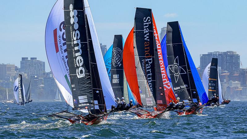 Fleet on a spinnaker run in Race 2 - 18ft Skiffs: Australian Championship - photo © SailMedia