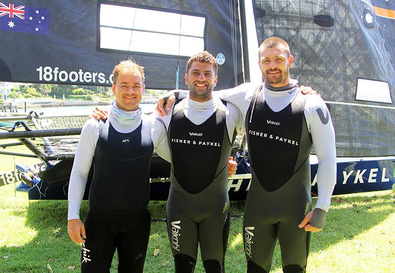 Fisher and Paykel's crew, from left, Rory Cox (standing in for Jacob Broome), Jordan Girdis, Josh Feldmann photo copyright Frank Quealey taken at Australian 18 Footers League and featuring the 18ft Skiff class