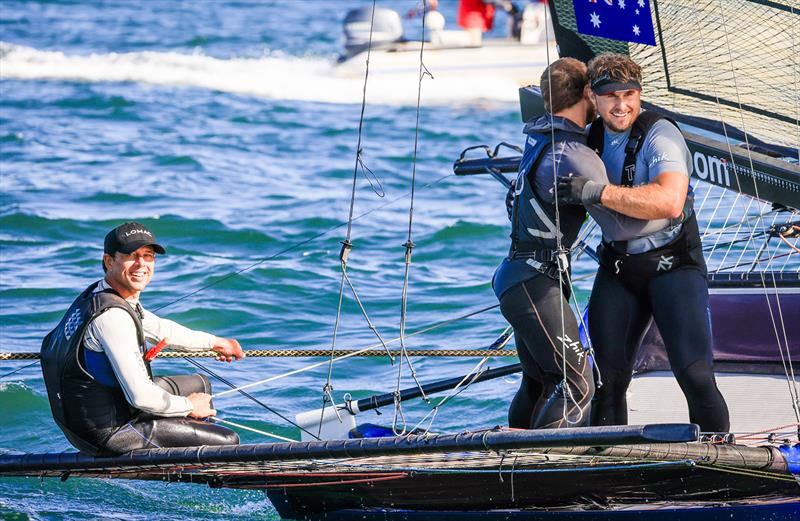 A happy winning Yandoo team of Micah Lane, Fang Warren and Lewis Brake win the 18ft Skiff Winnings 2024 JJ Giltinan Championship - photo © SailMedia