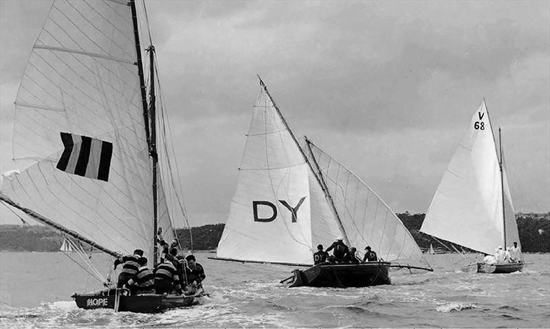Hope, Dee Why and New Zealand's Riptide at the 1938 World Championship photo copyright John Stanley Collection taken at Australian 18 Footers League and featuring the 18ft Skiff class