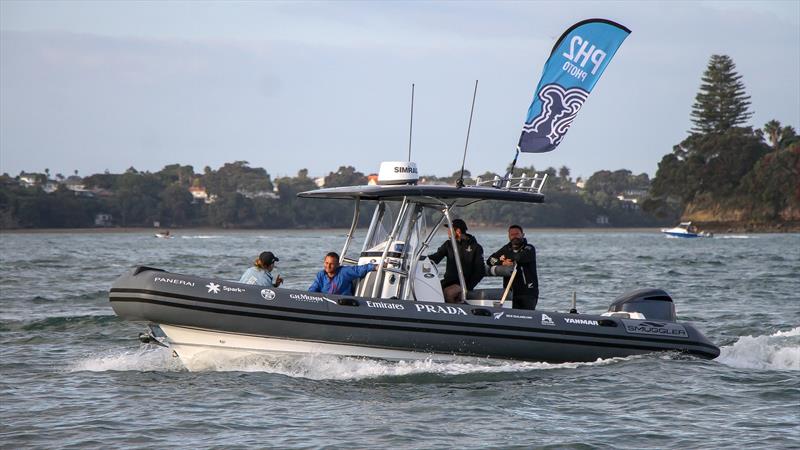 Smuggler photoboat - America's Cup World Series, Day 3, December 19, 2020 - Auckland NZ, Course A photo copyright Richard Gladwell / Sail-World.com / nz taken at Royal New Zealand Yacht Squadron and featuring the  class