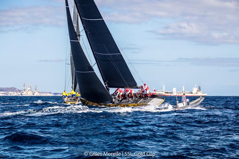 SSL Gold Cup 1/8 Finals Fleet 2, Race 4 - SSL Team Brazil and SSL Team Tahiti tacking duel photo copyright Gilles Morelle / SSL Gold Cup taken at Real Federación Canaria de Vela and featuring the SSL47 class