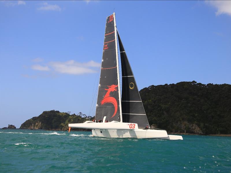 BeauGeste approaching the finish line in the Bay of Islands in 2019, on its way to a new record photo copyright Stephen Western for the PIC Coastal Classic taken at New Zealand Multihull Yacht Club and featuring the Trimaran class