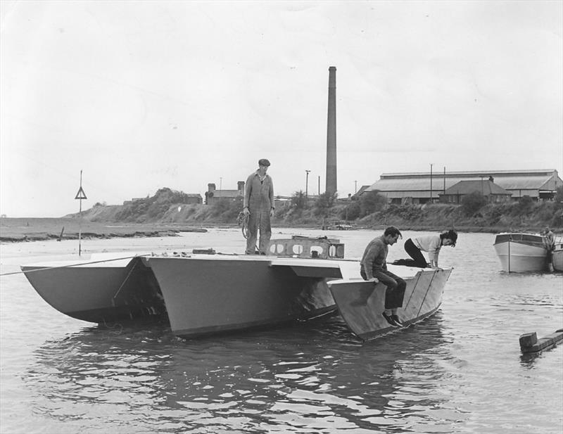 Derek Kelsall's Piver 35' trimaran being launched, he sailed her in the 1964 OSTAR - single handed Trans Atlantic photo copyright Unknown taken at Royal Western Yacht Club, England and featuring the Trimaran class