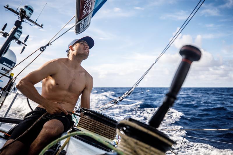 Leg 4, Melbourne to Hong Kong, day 07, Tom Johnson trims the J0 on board Vestas 11th Hour photo copyright Amory Ross / Volvo Ocean Race taken at  and featuring the Volvo One-Design class