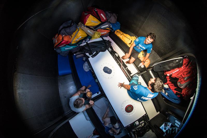 Leg 4, Melbourne to Hong Kong, day 08, the bow becomes a crowded place during light air sailing conditions on board Vestas 11th Hour photo copyright Amory Ross / Volvo Ocean Race taken at  and featuring the Volvo One-Design class