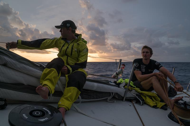 Leg 6 to Auckland, Day 12 on board Brunel. 18 February, . Nice evening on Brunel. Good speed, dry deck. Kyle Langford, Alberto Bolzan photo copyright Yann Riou / Volvo Ocean Race taken at  and featuring the Volvo One-Design class