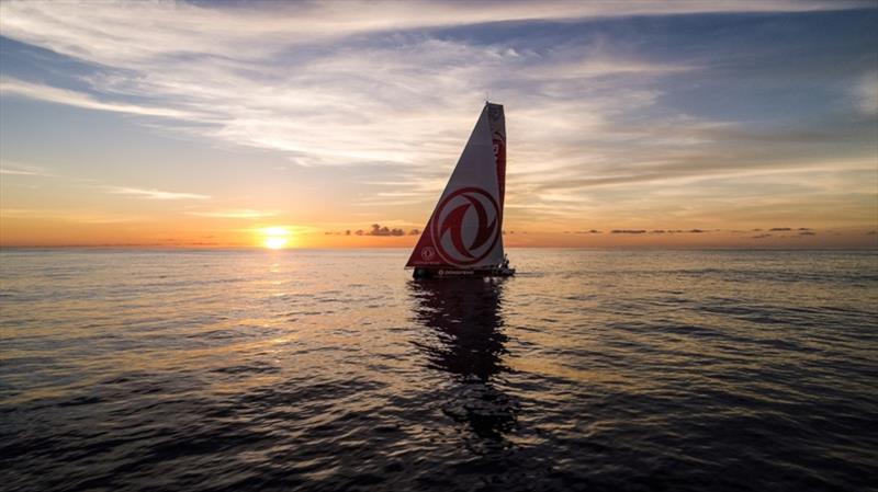 Volvo Ocean Race Leg 6 to Auckland, day 14 on board Dongfeng. Drone shot at the sunset. 20 February photo copyright Martin Keruzore / Volvo Ocean Race taken at  and featuring the Volvo One-Design class