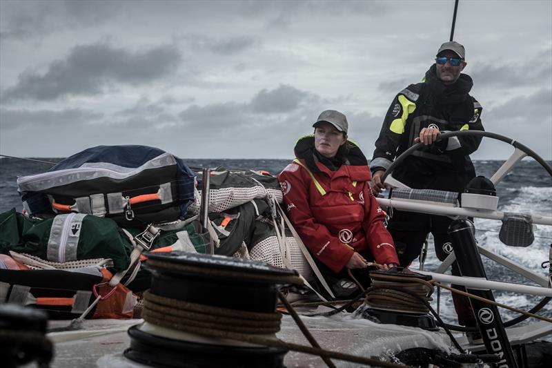 Leg 7 from Auckland to Itajai, day 18 on board Dongfeng. Jeremie Beyou driving while Marie Riou is managing the main. 02 April,  photo copyright Martin Keruzore / Volvo Ocean Race taken at  and featuring the Volvo One-Design class