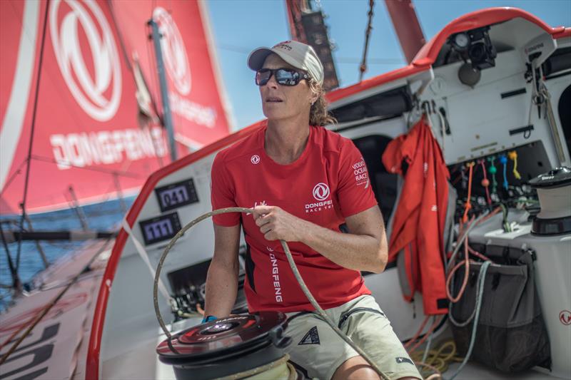 Leg 8 from Itajai to Newport, day 09 on board Dongfeng. 30 April,. Carolijn adjusting the outrigger. - photo © Jeremie Lecaudey / Volvo Ocean Race