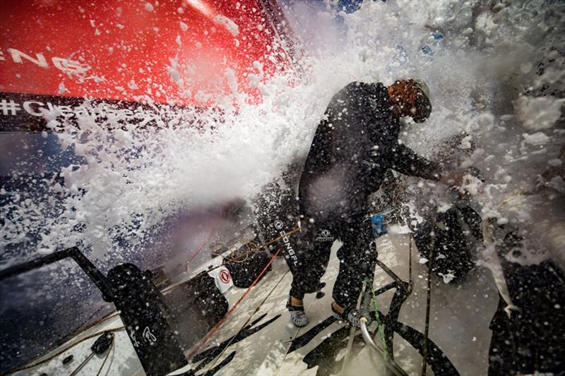 Volvo Ocean Race Leg 8 from Itajai to Newport, day 10, on board Dongfeng. Stu Bannatyne under splashes photo copyright Jeremie Lecaudey / Volvo Ocean Race taken at  and featuring the Volvo One-Design class