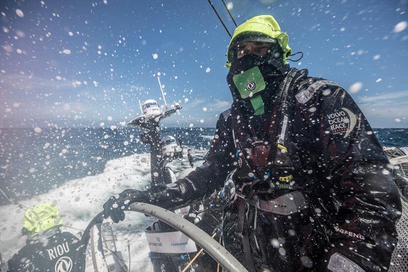 Leg 3, Cape Town to Melbourne, day 10, on board Dongfeng. Sunny and reaching day today. Cold shower this morning for Stu Bannatyne at the helm. - photo © Martin Keruzore / Volvo Ocean Race