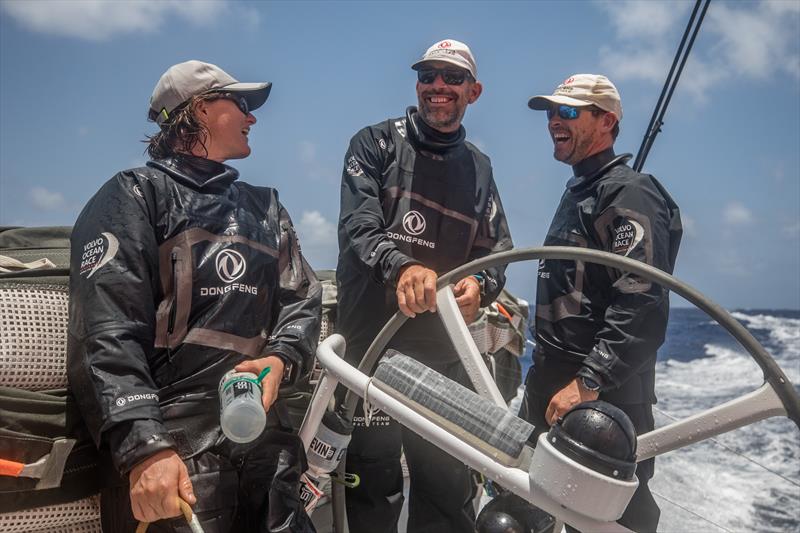 Stu Bannatyne (centre) Marie Riou (left) and Daryl Wislang (right) - Leg 8 from Itajai to Newport, day 12 on board Dongfeng. 03 May, . Watch changes are always a moment to relax and spend some time with the opposite watch crew photo copyright Jeremie Lecaudey / Volvo Ocean Race taken at  and featuring the Volvo One-Design class
