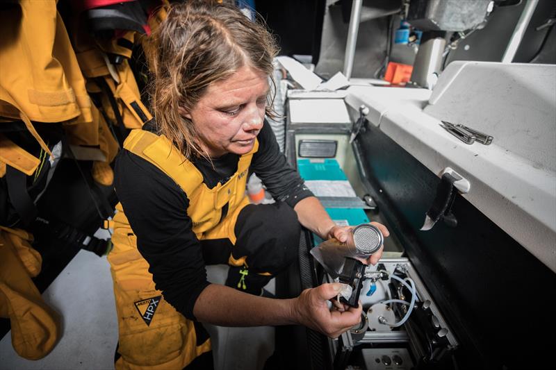 Liz Wardley collects a water sample aboasrd Turn the Tide on Plastic on December 10, 2017, en route Cape Town, South Africato Melbourne, Australia photo copyright Jeremie Lecaudey / Volvo Ocean Race taken at  and featuring the Volvo One-Design class