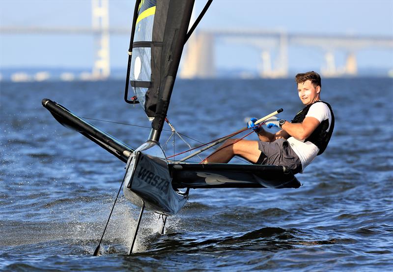 Austin Powers flies his WASZP near the Chesapeake Bay Bridge; he will be comepting in the 2020 Two Bridge Fiasco aboard his foiler photo copyright Will Keyworth taken at Annapolis Yacht Club and featuring the WASZP class