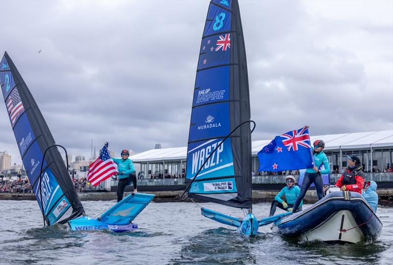 Stella Bilger (NZL) and Gavin Ball (USA) celebrate winning the Inspire Racing x WASZP Grand Final on Race Day 1 of the Mubadala SailGP Season 3 Grand Final in San Francisco, USA. May 6, 2023 photo copyright Felix Diemer/SailGP taken at St. Francis Yacht Club and featuring the WASZP class