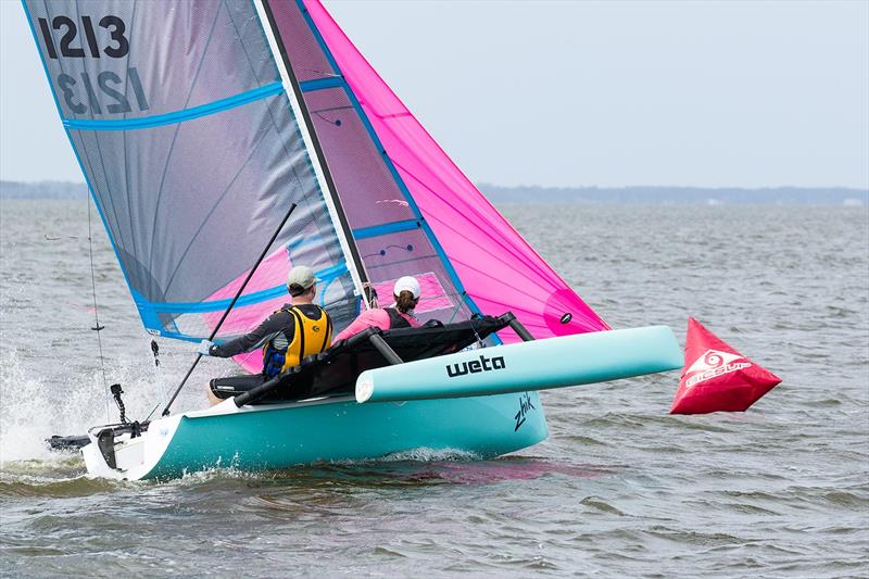  Stephanie Taylor and Bruce Fleming - 2019 Weta North American Championship - NorBanks sailing facility in Duck, NC photo copyright Eric Rasmusse taken at  and featuring the Weta class
