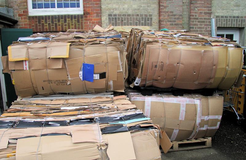 Palleted cardboard ready for recycling at Wetsuit Outlet - photo © Mark Jardine