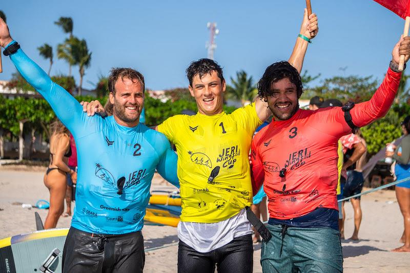 Cappuzzo, Ghio and Golito celebrate their success on the beach - 2023 WingFoil Racing World Cup Brazil photo copyright IWSA Media taken at  and featuring the Wing Foil class