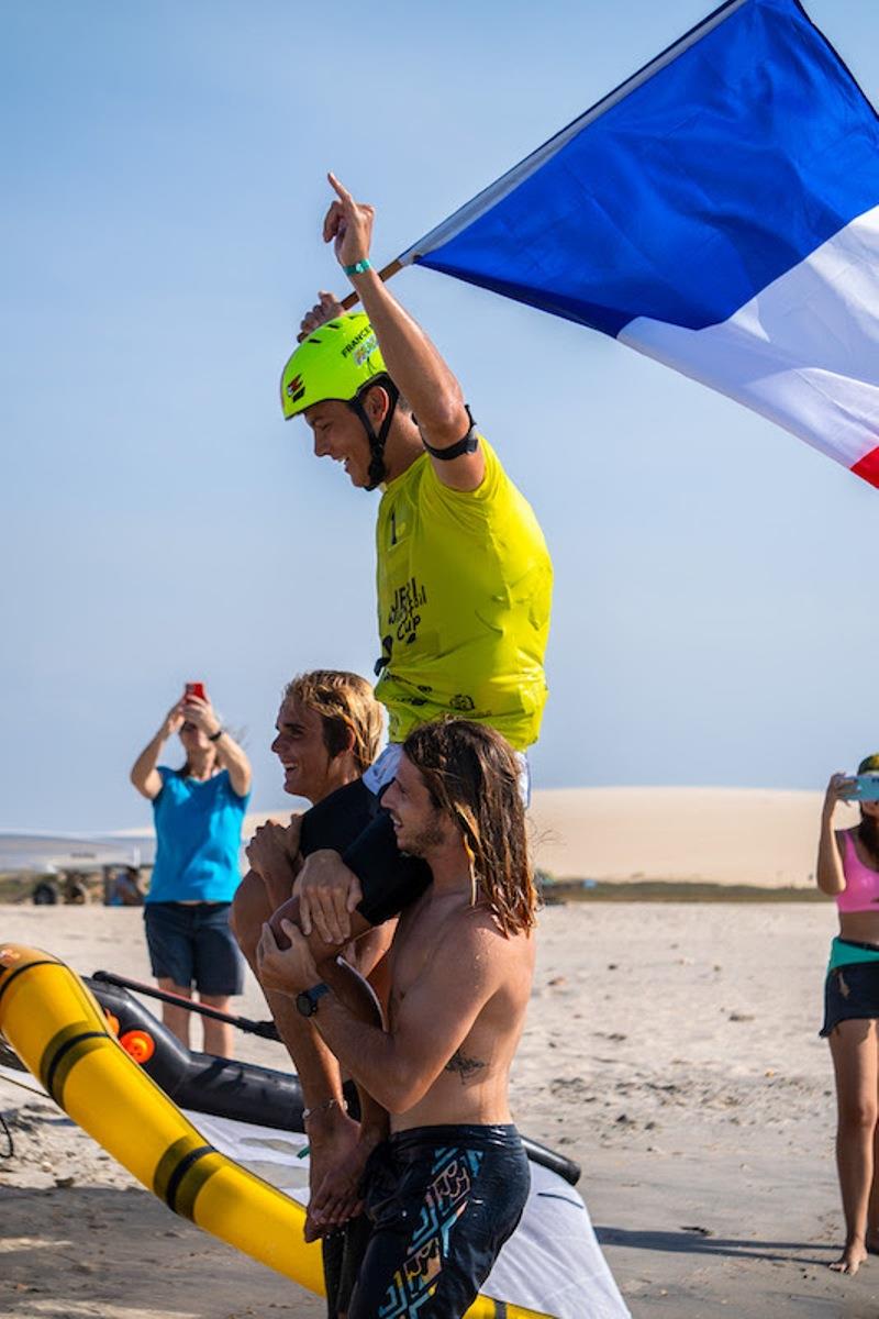 Mathis Ghio celebrates victory in Jeri after a tense Grand Final - 2023 WingFoil Racing World Cup Brazil photo copyright IWSA Media taken at  and featuring the Wing Foil class