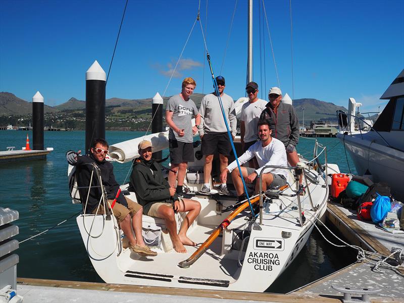 2018 Knight Frank Young 88 South Island Championship - One Way crew Tim Richardson, Jock Ironside, Max South, Harry Thurston, Nick Burridge, Will Tiller (sitting down) and Jonny Bell photo copyright Andrew Herriot taken at Naval Point Club Lyttelton and featuring the Young 88 class
