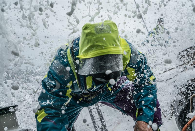 Simeon Tienpont getting hosed in his Isotak X hood on board Team AkzoNobel during Volvo Ocean Race Leg 3 from Cape Town to Melbourne - photo © James Blake / Volvo Ocean Race