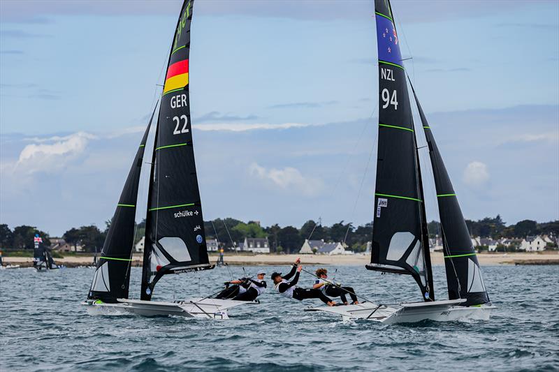 Seb Menzies/George Lee Rush (NZL) with Jakob Meggendorfer/Andreas Spranger (GER) - 2026 49er Worlds at Quiberon -  Day 6 - May 17, 2026 - photo © Sailing Energy